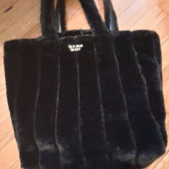 Victoria's Secret Handbags - Victoria’s Secret Black Faux Furry Fur Purse Bag Gold VS Tote